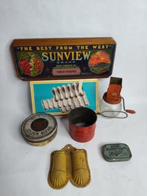 1940th nut grinder ,tin match holder,tin flour sifter ,stuarts dyspepsia tin and more