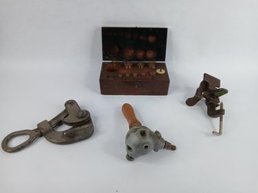 Hertler no 20 fly tying bench clamp ,box of brass weights,babco right angle drill attachment,and