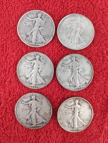 6 walking liberty silver half dollars