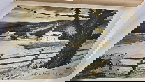 Signed winter church house scene