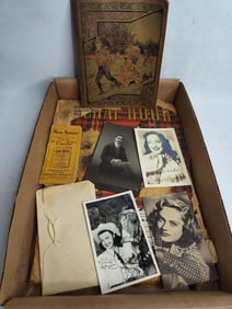 1891 school notebook ,scrapbook signed postcards and more
