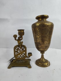 Brass Asian boy holding bowl candle stick and brass dog engraved vase