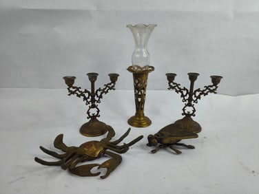 5 in brass candelabra,brass & glass vase brass fly and crab trinket box/ashtrays