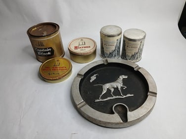 Tobacco tins and hunting dog ashtray