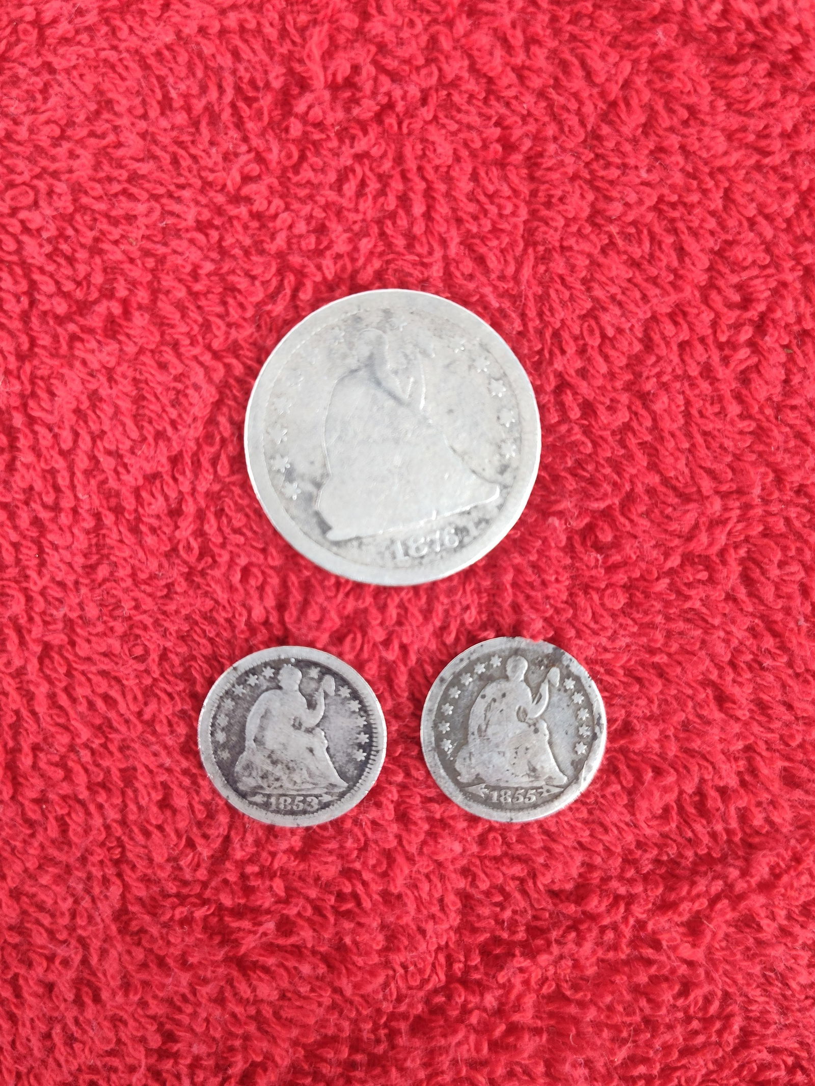 1853 & 1855 seated liberty half dimes and 1876 seated liberty quarter (1 of 2)
