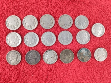 11 indian head buffalo nickels and 6 silver war nickels