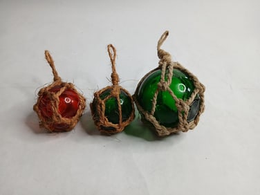 Green and red hand blown glass fishing buoy floats