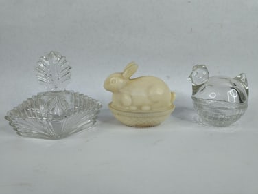 Milk glass bunny on nest ,anchor hocking elegant glass hen on nest and art deco crystal glass