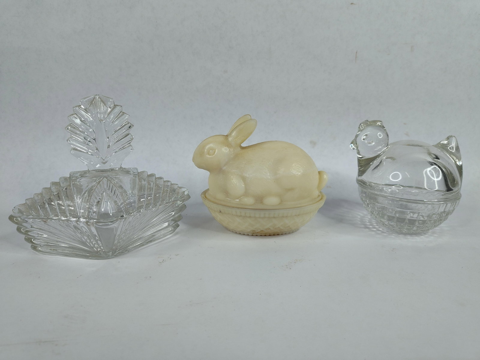 Milk glass bunny on nest ,anchor hocking elegant glass hen on nest and art deco crystal glass: no crack or chips found