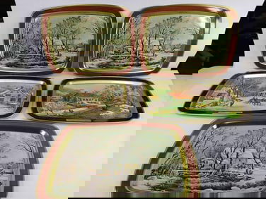 5 Currier & Ives tin serving trays