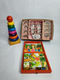 1940th Sonsco children tea set ,wooden puzzle blocks and rainbow stacker