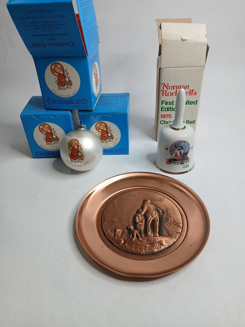 3 1975 christmas child berta hummel ornaments,1975 Norman rockwell christmas bell and 1977: .