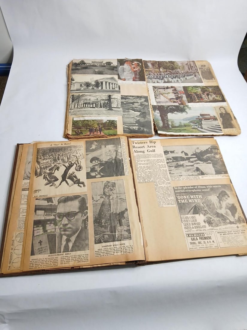 1940S Newspaper Headline Scrap book: Includes ads for Gone with the Wind, War articles, Vietnamese images, and more. 