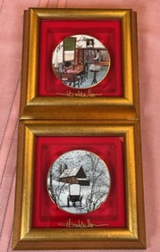 2 SMALL P. BUCKLEY MOSS ORNAMENTS. SNOWY RIDE AND ELEMENTARY SCHOOL