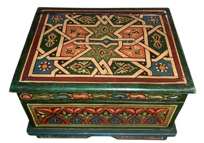 Hand Painted Folk Art Vintage Wood Storage Trunk, Ornate Lidded Demi Chest