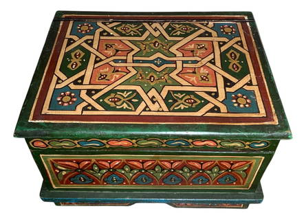 Hand Painted Folk Art Vintage Wood Storage Trunk, Ornate Lidded Demi Chest: 12 5/8" x 8" x 10", working hinges, structurally sound with some age appropriate wear to the paint.