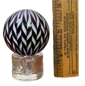 Mark Matthews Signed 2003 Geometric Braided Plum and White Large Art Glass Marble Sphere, Orb