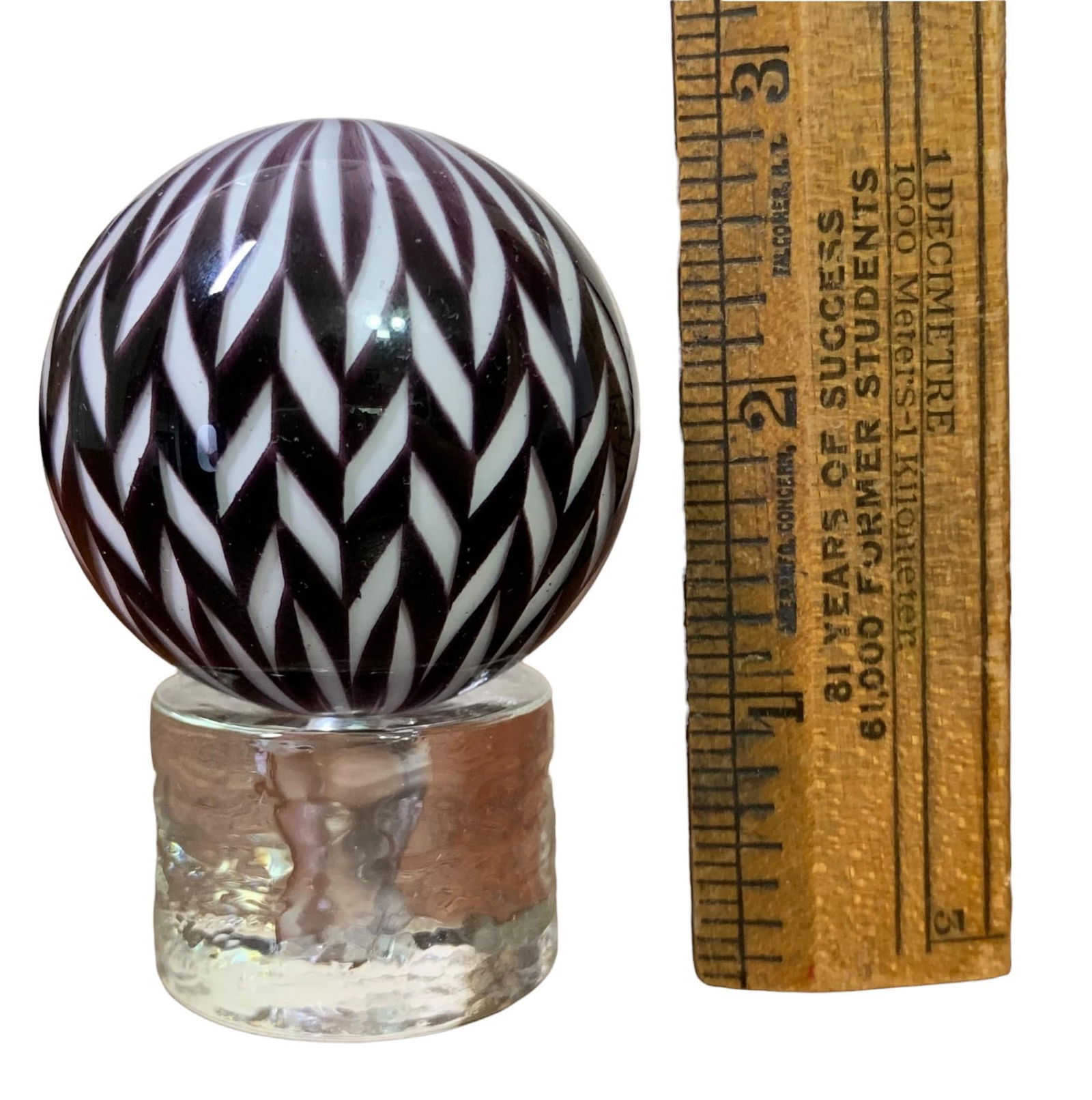 Mark Matthews Signed 2003 Geometric Braided Plum and White Large Art Glass Marble Sphere, Orb (1 of 6)