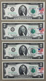 Four 1976 First Day of Issue $2 Uncirculated US Currency Bills, Stamped Paper Money