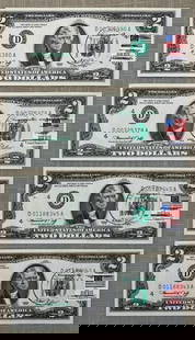Four 1976 First Day of Issue $2 Uncirculated US Currency Bills, Stamped Paper Money: 4 pc lot, all Crisp and Uncirculated, each stamped.