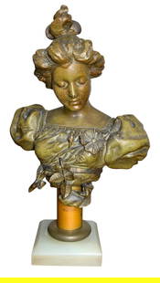 "Eglantine" Victorian Beauty Bust Sculpture after Artist Hans Stoltenberg-Lerche: Finely detailed Vintage Spelter on classic marble base, bronzed wash, 11 3/8" x 7 1/2" x 5", structurally sound.