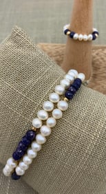 3 pc Faceted Sapphire Bead, Freshwater Pearl & Gold Bead Stretch Bracelets and Ring Ensemble