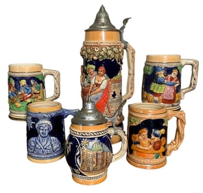 6 Vintage Western Germany Stoneware Pottery Barware Beer Steins