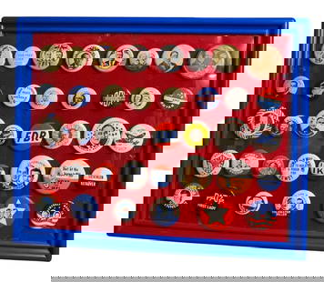 38 pc c1972 US Presidential Patriotic Campaign Pinback Button Collection: 11 7/8" x 9 1/2" total dimensions with composite frame and plastic lens, age and wear to the plastic insert, good coloring to the metal pinbacks which range in size from 7/8" to 1 1/2".