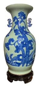 Large Antique Chinese Celadon Hall Vase, Cobalt Blue Goats and Tree Design