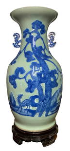Large Antique Chinese Celadon Hall Vase, Cobalt Blue Goats and Tree Design: Fantastic design in rich hues with openwork handles (old repair to the right handle as shown), hefty in weight and measuring 17" tall x 8 1/2" x 7 1/4", the wood riser is Not included.