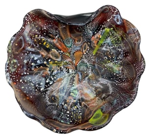 Incredible Mid Century LARGE Murano Tutti Frutti Silver Confetti Scallop Folded Edge Art Glass Bowl
