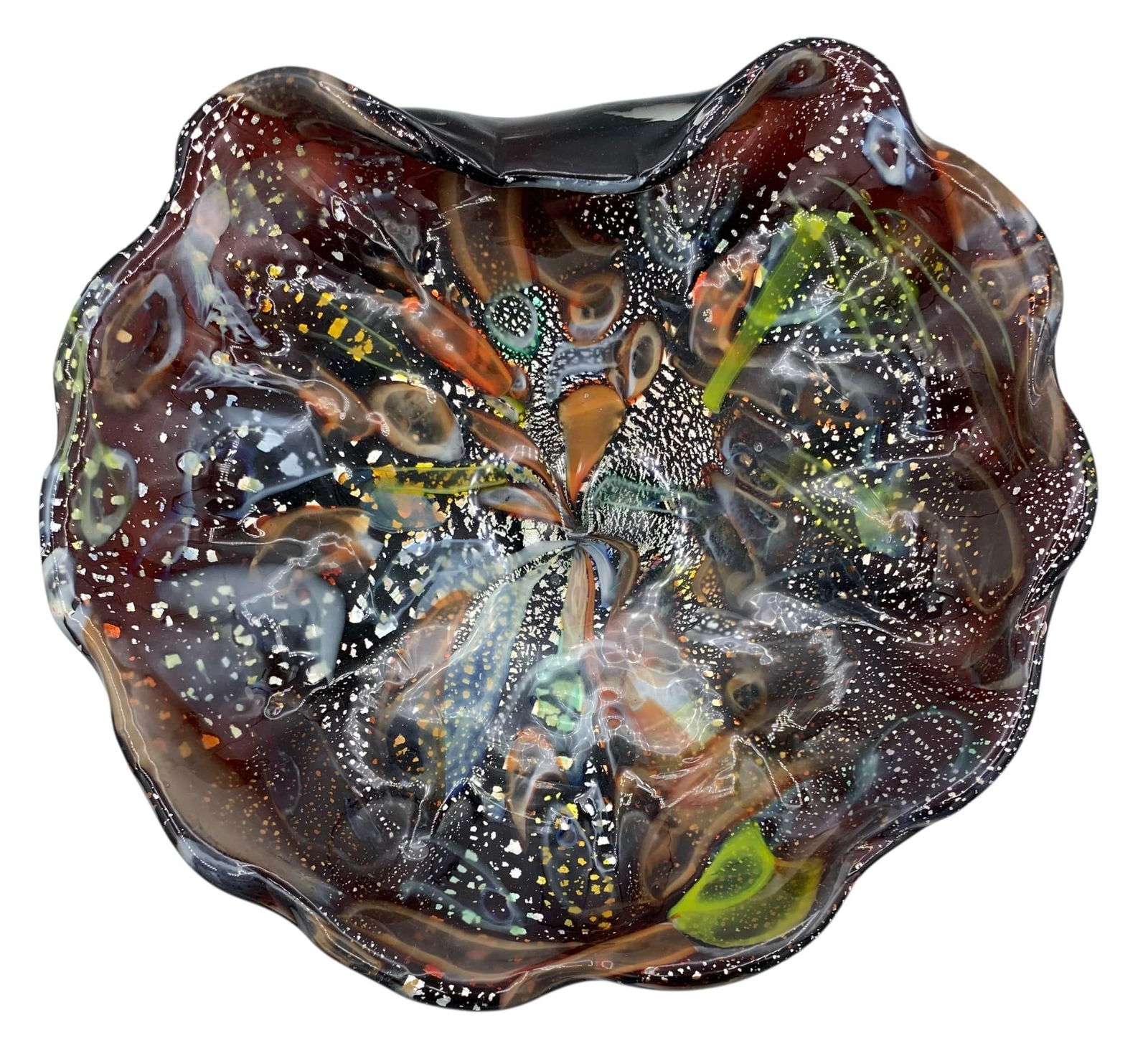 Incredible Mid Century LARGE Murano Tutti Frutti Silver Confetti Scallop Folded Edge Art Glass Bowl (1 of 15)