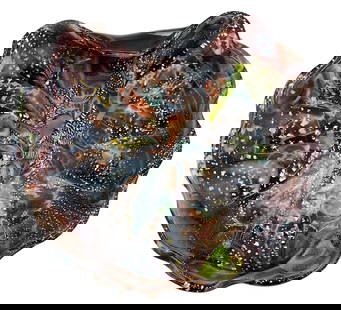 Incredible Mid Century LARGE Murano Tutti Frutti Silver Confetti Scallop Folded Edge Art Glass Bowl: 11 5/8" x 10 1/2" x 2 1/4",&; deep plum background that turns a rich Raspberry hue when held to bright light, loads of silver confetti, bands and swirls of yellow, apricot and white, no structural iss