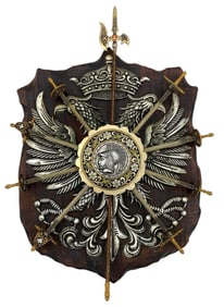 Mid Century Spanish TOLEDO Miniature Rapier, Sword, Weaponry Eagle Coat of Arms Wall Plaque
