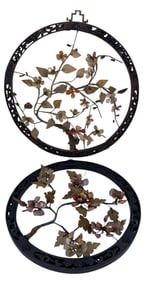 Pair Oriental Carved Jade & Natural Stone Openwork Wood Frame Tree Wall Art Sculptures