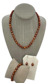 Ringed Cinnamon Potato Pearl 925 Necklace, Bracelet & Pierced Earrings Set