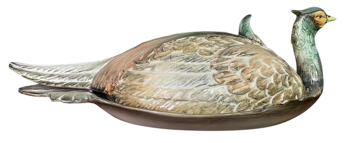 Large Italian Artisan Painted 2 pc Vintage Pheasant Covered Dish Serving Platter, RB Pottery
