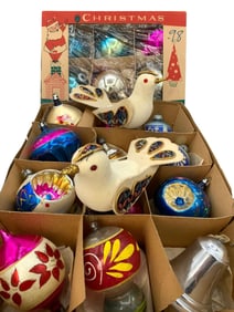 24 pc Vintage Velveteen Birds, Glass Indent, Painted & Glittered Christmas Tree Ornaments
