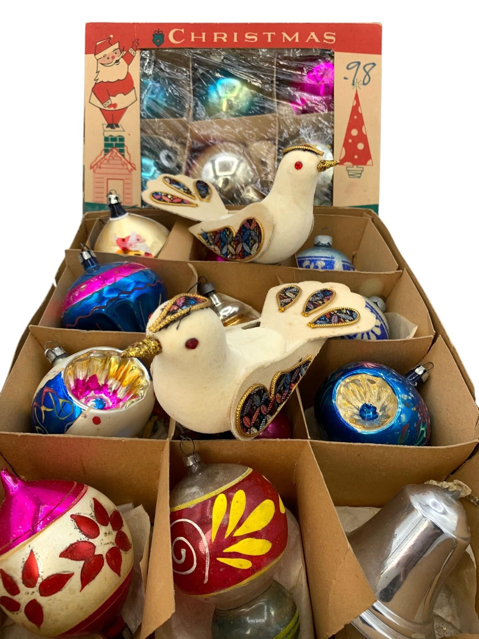 24 pc Vintage Velveteen Birds, Glass Indent, Painted & Glittered Christmas Tree Ornaments (1 of 16)