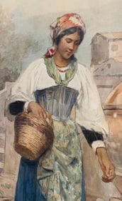 Antique Augusto Bompiani Italian Maiden Watercolor Painting, Framed Art