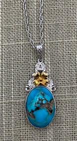 10k Gold, Sterling Silver & Turquoise Cabochon Necklace, 925 Chain