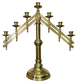 Vintage Embossed Brass Articulated Cathedral Altar Candlestick Holder, 7 Wax Candle Candelabra