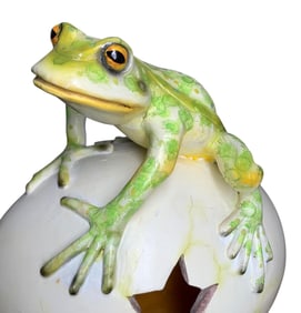 Mexican Artist Made Speckled Frog on Large Egg Pottery Sculpture