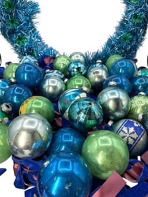 90 pc Vintage Blue & Green Glass Ornaments, Velveteen Bows & Light Up Wreath Christmas Decorations