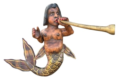 Exotic Nautical Carved Wood Glass Eyed Siren, Mermaid, Maritime Sculpture