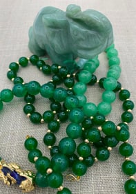 14k Gold Bead & Green Jade Necklace, Bracelets & Carved Elephant Statue Collection