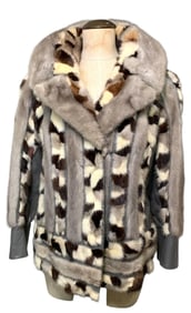 WORTH Designer Mosaic Mid Century Era Multicolored Mink Fur & Gray Leather Jacket
