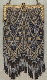 Opulent Antique 1920s Faceted Steel Bead Art Deco Flapper Evening Bag in The Halle Bros. Co Box