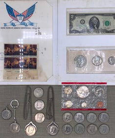 26 pc 1976 US Bicentennial Kennedy Half Dollars, $2 Bill, Stamps, Uncirculated Coin Collection