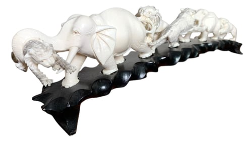 Large Oriental Hand Carved Elephants, Lions, Tigers Fighting Tableau Arched Sculpture on Wood Base